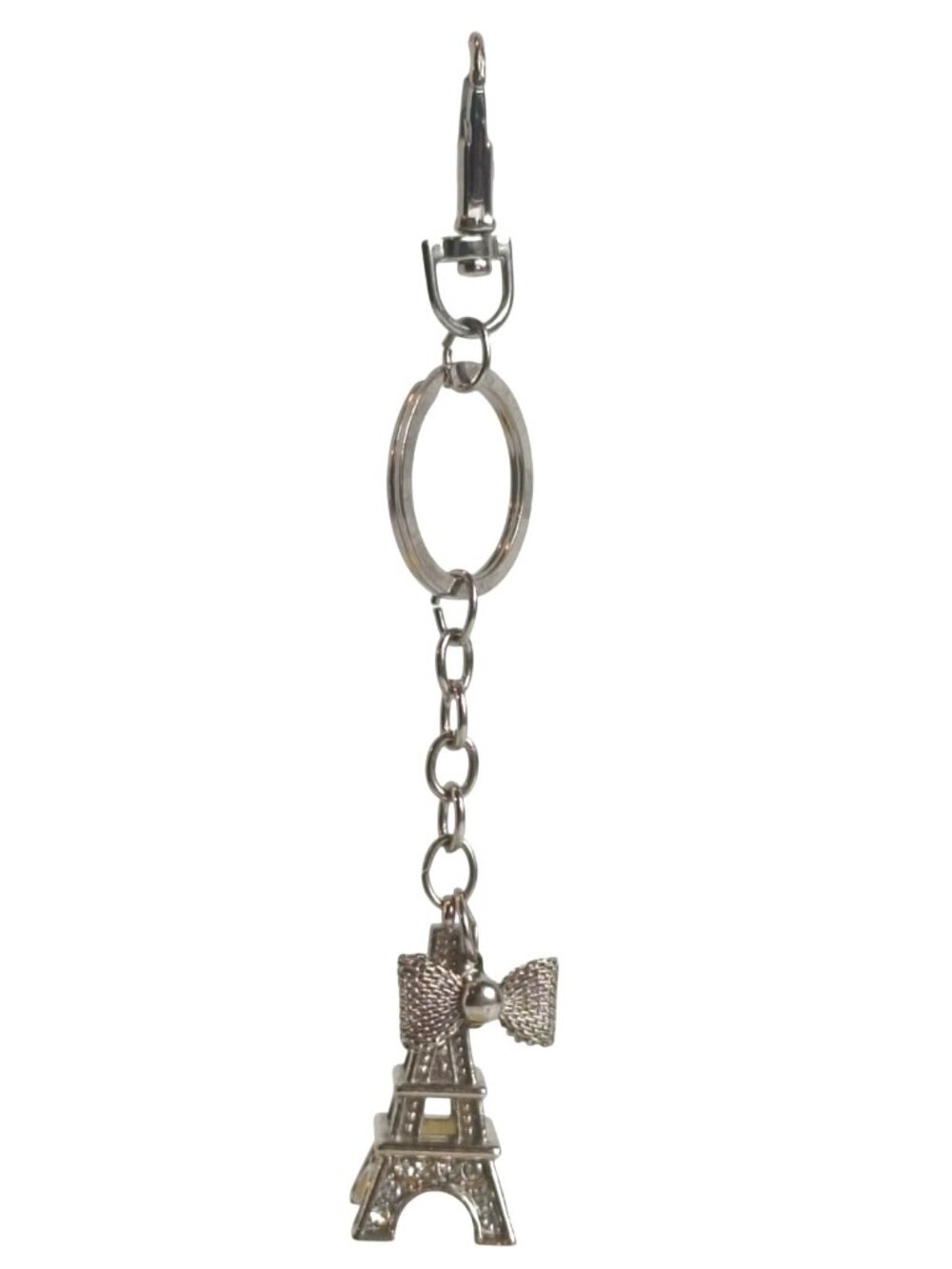 Eiffel Tower Paris Keychain Bow Charm Silver Rhinestone Elegant Parisian Accesso